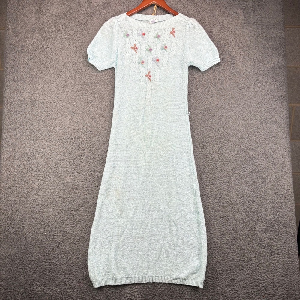 Vintage Light Blue Floral Embroidered Knit Maxi Dress Short Sleeve Womens Medium
